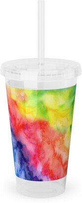 Travel Mugs: Rainbow Watercolor Wash Acrylic Tumbler With Straw, 16Oz, Multicolor