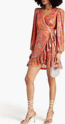 Sequined printed tulle mini wrap dress