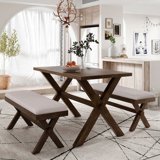 NOVABASA 3 Pieces Dining Table Set, Kitchen Dining Room Upholstery 2 Benches, Brown