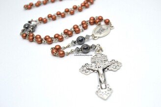 Copper & Hematite Gray Glass Rosary For Men Boys | Personalized Boy's Baptism, First Communion Confirmation