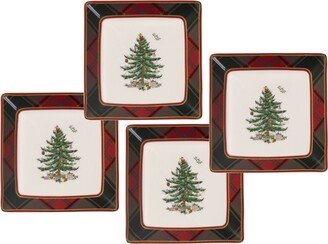 Christmas Tree Tartan Square Tidbit Plates, Set of 4-AA