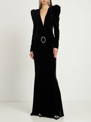 Plunging V velvet gown w/ crystal buckle