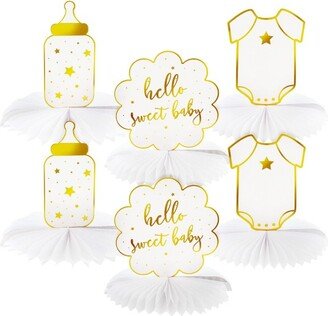 Sparkle and Bash 6 Pack Hello Sweet Baby Honeycomb Centerpiece for Baby Shower Boy or Girl, White & Gold Foil, 10