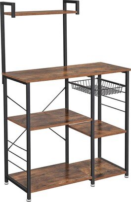 VASAGLE Baker’s Rack with Shelves, Kitchen Shelf with Wire Basket, 6 S-Hooks, Microwave Oven Stand, Utility Storage, Rustic Brown