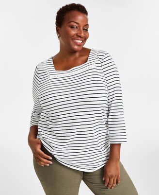 Style & Co Plus Size Cotton Striped Square-Neck Top, Created for Macy's