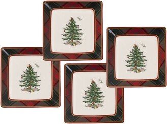 Christmas Tree Tartan 5 Inch Square Tidbit Plates, Set of 4 - 5 Inch