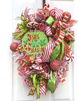 Christmas Red White Lime Green Front Door Wreath With Peppermints, Religious Decor, A Wreath, Mantle