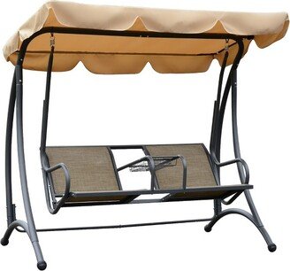 2-Person Porch Swing, Outdoor Patio Swing Bench with Adjustable Tilt Canopy, Cup Holder and Storage Tray, Steel Frame, Brown