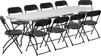 8' Bi-Fold Granite White Plastic Event/Training Folding Table Set with 10 Folding Chairs