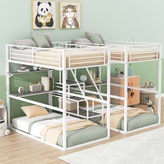 Double Twin over Twin Metal Bunk Bed with Desk, Shelves and Storage Staircase