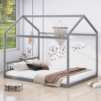 RASOO Queen Size Wooden House Bed with Headboard, Mosquito Net Top Modern Platform Bed Frame