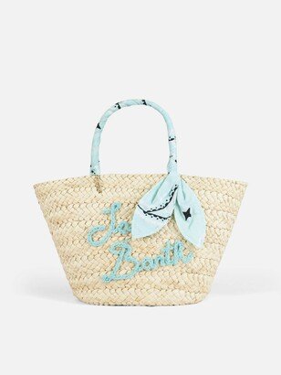 Straw Bag With Front Embroidery And Fabric Handles