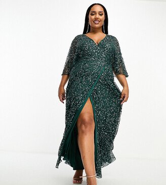 Bridesmaid kimono sleeve maxi tulle dress with tonal delicate sequin in emerald green