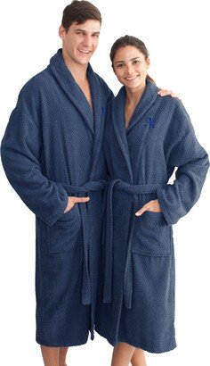 Authentic Hotel and Spa Midnight Blue with Royal Blue Monogrammed Herringbone Weave Turkish Cotton Unisex Bath Robe