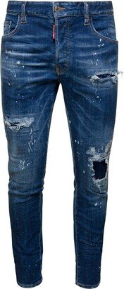 'Skater' Light Blue Five-Pocket Jeans with Rips and Bleach Effect in Stretch Cotton Denim Man-AB