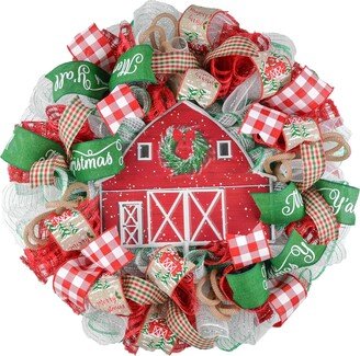 Winter Barn Christmas Mesh Wreath, Farmhouse Outdoor Front Door Decoration, Red Green White