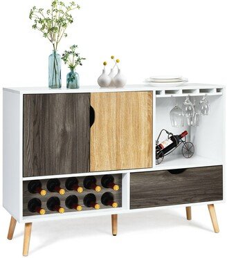 Mid-Century Buffet Sideboard Wooden Storage Cabinet w/ Wine - 47.5'' x 15.5'' x 34''