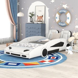 NINEDIN Twin Size Race Car-Shaped Platform Bed w/Wheels, Kids Race Car Bed