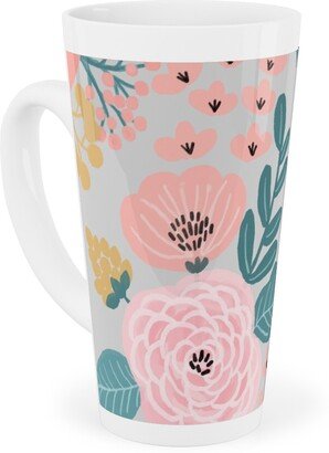 Mugs: June Botanicals - Gray Tall Latte Mug, 17Oz, Pink