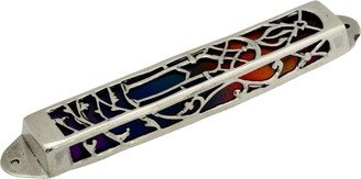 Stunning Colorful Mezuzah Case Made Of Sterling Silver With Cold Enamel Colors, Cut Out Design, Rectangular Mezuzah, New House Judaica Gift