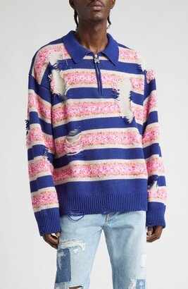 Ripped Stripe Zip Polo Sweater