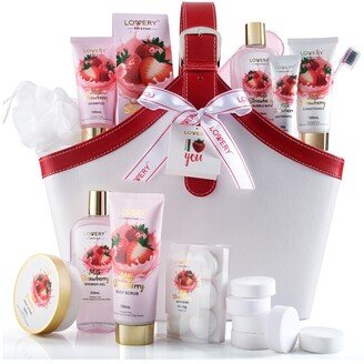 Lovery Strawberry-Milk Home Spa Gift Set, Deluxe 25Pc Bath Kit With Tote Bag