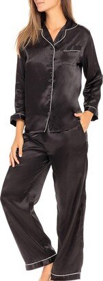 Alexander Del Rossa ADR Women' Claic Satin Pajama Set with Pocket, PJ and Matching Sleep Mak Black with Cream Piping Large