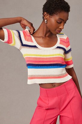 Short-Sleeve Multi-Stripe Eyelash Sweater