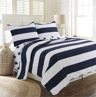 Tallie Nautical Stripe & Coastal Turtle Reversible 2Pc Ultra-Soft Microfiber Quilt Set