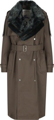 Belted-Waist Shearling Trench Coat