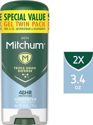 Mitchum Men's Antiperspirant & Deodorant Triple Odor Defense Gel Stick, 48 Hr Protection, Unscented - Unscented - 3.4oz/2pk