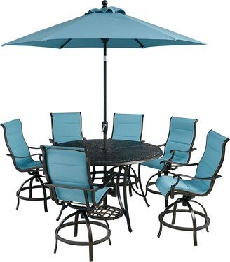 Traditions 7-Piece High-Dining Set in Blue with 6 Swivel Counter-Height Chairs, 56-in. Table, and 9-ft. Umbrella