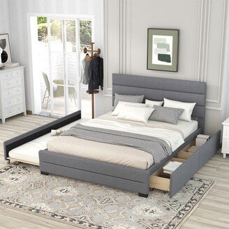 Nestfair Grey Queen Upholstered Platform Bed with Trundle and Two Drawers