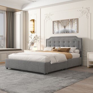 Upholstered Platform Bed with Classic Headboard and 4 Drawers, No Box Spring Needed, Velvet Fabric