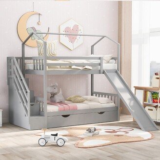 Twin over Twin Wood House Bunk Bed with Storage Staircase, Two Drawers and Slide, Gray