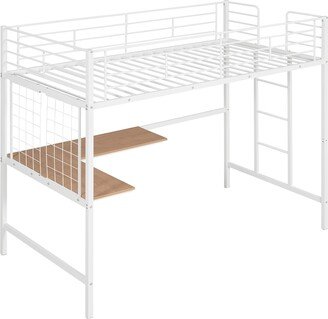 IGEMAN White Twin Metal Loft Bed with Desk and Metal Grid for Workstation, Reading Nook or Craft Area, 77.2''L*41''W*67.9''H, 90LBS