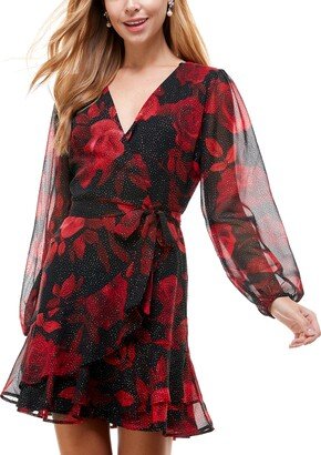 Juniors' Printed Faux-Wrap Long-Sleeve Dress - Blk/red