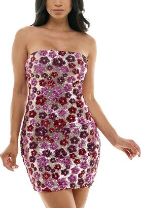 Juniors' Strapless Floral-Sequinned Bodycon Dress - Champagne/Pink