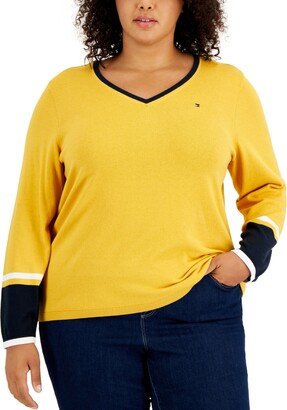 Plus Size Ivy Cotton Long-Sleeve Sweater - Sunflower/Sky Captain/Ivory