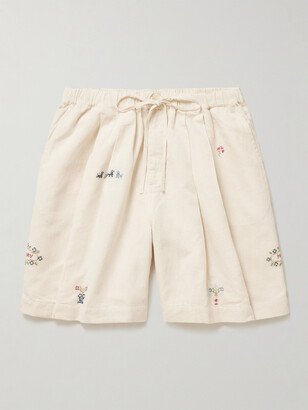 Bridge Wide-Leg Embroidered Cotton and Linen-Blend Drawstring Shorts