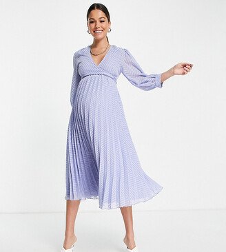 ASOS DESIGN Maternity nursing pleated tie wrap around midi dress in chevron texture in dusky blue