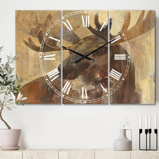 Designart 'Into the Wild Gold Moose' Cottage 3 Panels Large Wall CLock - 36 in. wide x 28 in. high - 3 panels