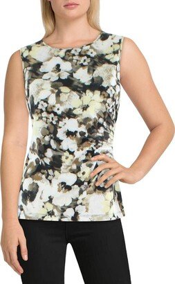 Petites Womens Ruched Floral Print Pullover Top