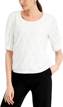 Petites Womens Eyelet Scoop Neck Pullover Top