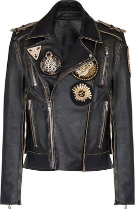 Logo-Patch Detail Biker Leather Jacket