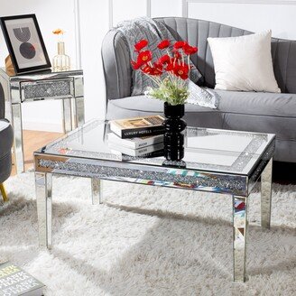 SHYFOY Mirrored Coffee Table with Crystal Inlay Rectangle Silver Accent Table