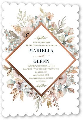 Wedding Invitations: Diamond Blossoms Wedding Invitation, Rose Gold Foil, Green, 5X7, Pearl Shimmer Cardstock, Scallop