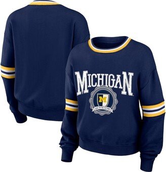 Women's Wear by Erin Andrews Navy Distressed Michigan Wolverines Vintage-Like Pullover Sweatshirt