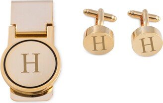 Men's Gold-Tone Monogrammed Cuff Links & Money Clip Set H