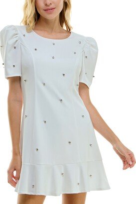 Juniors' Puff-Sleeve Rhinestone-Trim Dress